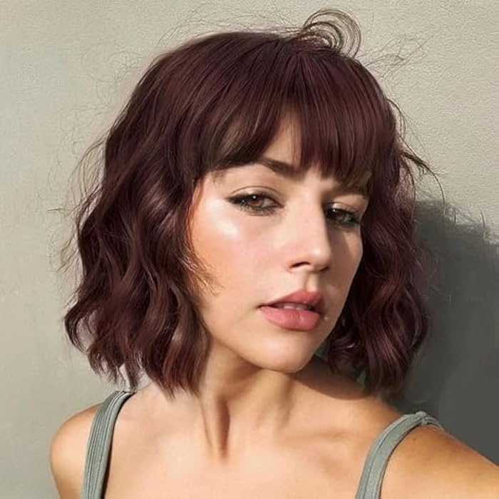DILLARDS Brown Short Wavy Wigs For Black Women Synthetic Curly Black Bob Wig With Bangs Heat Resistant Cosplay Wig For Wome Dark Brownn - Image 2